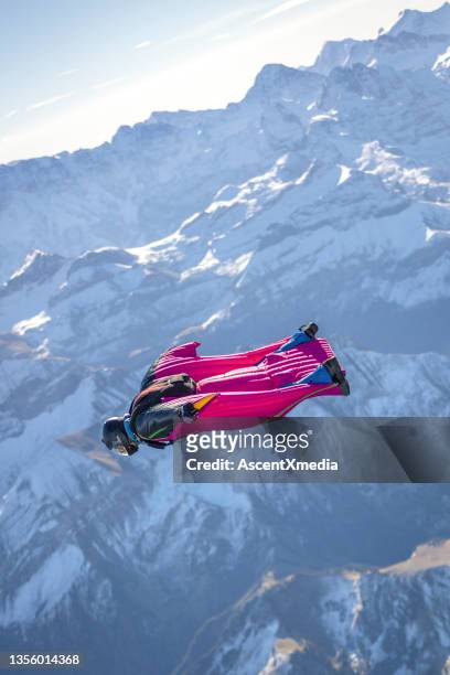man in wingsuit glides through clear skies - wing suit stock pictures, royalty-free photos & images
