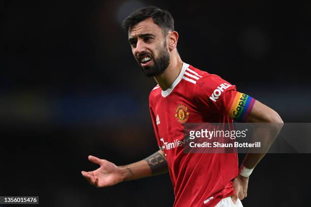 Bruno Fernandes of Manchester United looks on as he wears a rainbow captains armband as clubs show their support to the Stonewall Rainbow Laces...