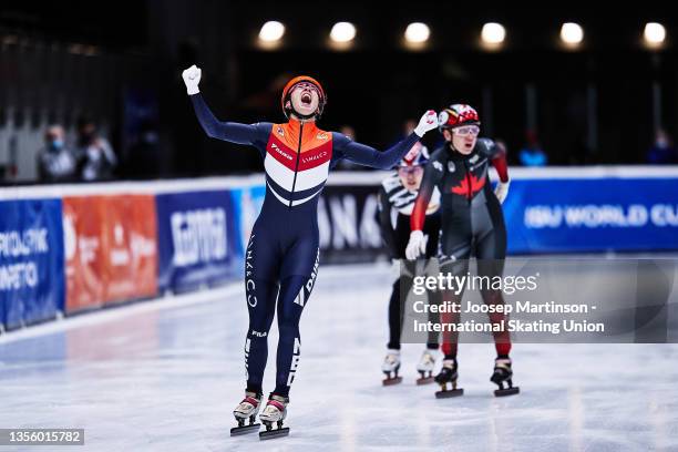Suzanne Schulting of team Netherlands celebrates in the Women's 3000m Relay final during the ISU World Cup Short Track at Optisport Sportboulevard on...