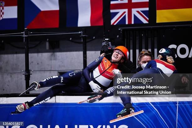 Suzanne Schulting of team Netherlands celebrates in the Women's 3000m Relay final during the ISU World Cup Short Track at Optisport Sportboulevard on...