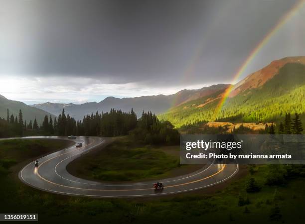 double rainbow over horseshoe shaped road near ouray, colorado - ouray colorado bildbanksfoton och bilder