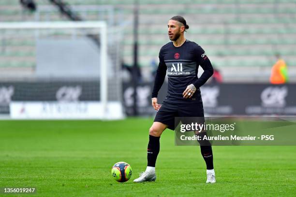 Sergio Ramos of Paris Saint-Germain runs with the ball during the Ligue 1 Uber Eats match between AS Saint-Etienne and Paris Saint Germain at Stade...