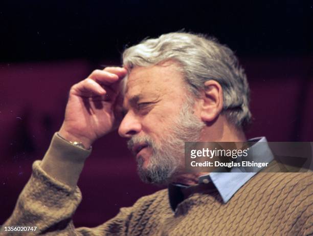 View of American composer and lyricist Stephen Sondheim on stage during an event in the Michigan State University Auditorium, East Lansing, Michigan,...