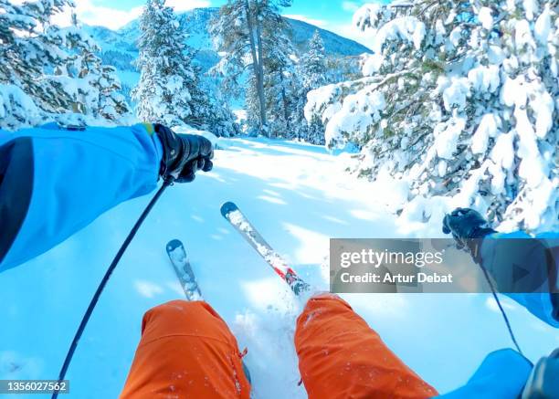 skiing from personal perspective in the catalan pyrenees mountains between trees with powder snow. spain. - angle stock-fotos und bilder