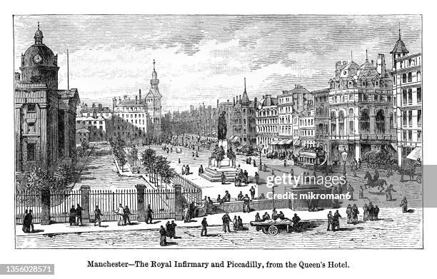 old engraved illustration of manchester, the royal infirmary and piccadilly circus, from the queen's hotel (green space in manchester city centre, england) - manchester inglaterra fotografías e imágenes de stock