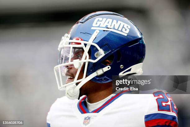 Adoree' Jackson of the New York Giants warms up before the game against the Philadelphia Eagles at MetLife Stadium on November 28, 2021 in East...