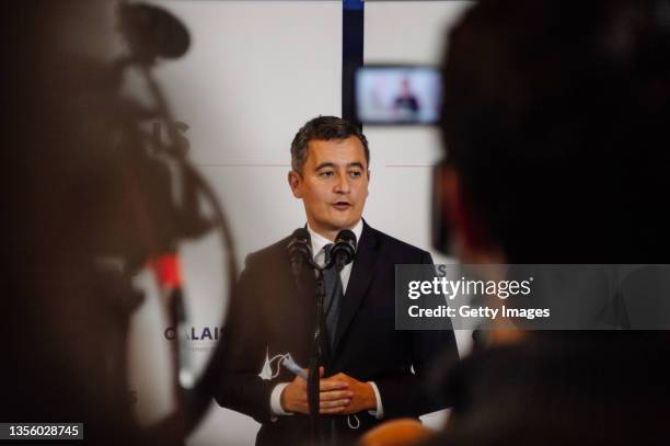 Gerald Darmanin, French Interior Minister, on November 28, 2021 in Calais, France. The French Interior Minister Gerald Darmanin convened the...