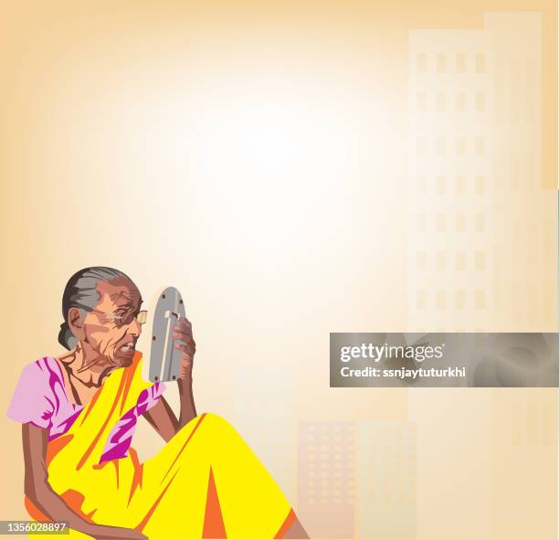 enjoying by looking herself into the mirror. - old lady stock illustrations