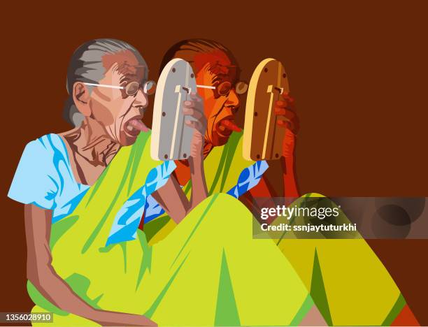 enjoying by looking herself into the mirror. - looking in mirror reflection stock illustrations