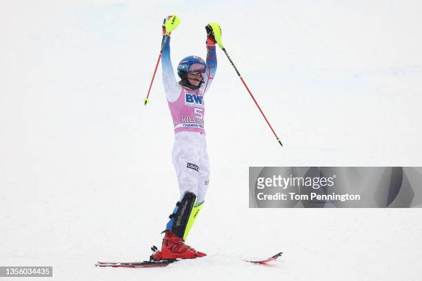 Mikaela Shiffrin of Team USA celebrates after taking first place in the Women's Slalom in the Homelight Killington Cup during the Audi FIS Ski World...