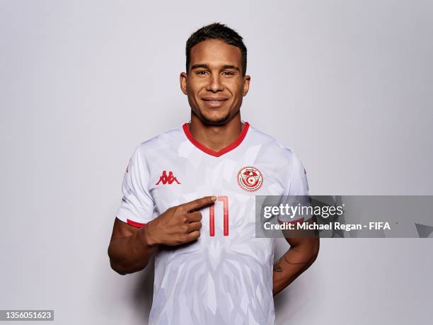 Seifeddine Jaziri of Tunisia poses during the Tunisia team presentation prior to the FIFA Arab Cup Qatar 2021 at Grand Hyatt Doha Hotel on November...