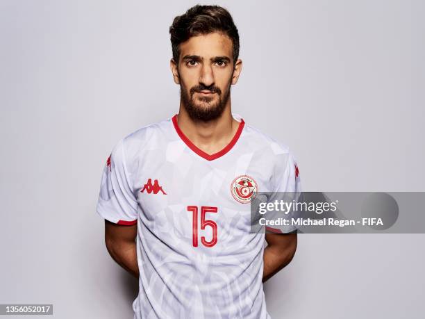 Ali Ben Romdhane of Tunisia poses during the Tunisia team presentation prior to the FIFA Arab Cup Qatar 2021 at Grand Hyatt Doha Hotel on November...