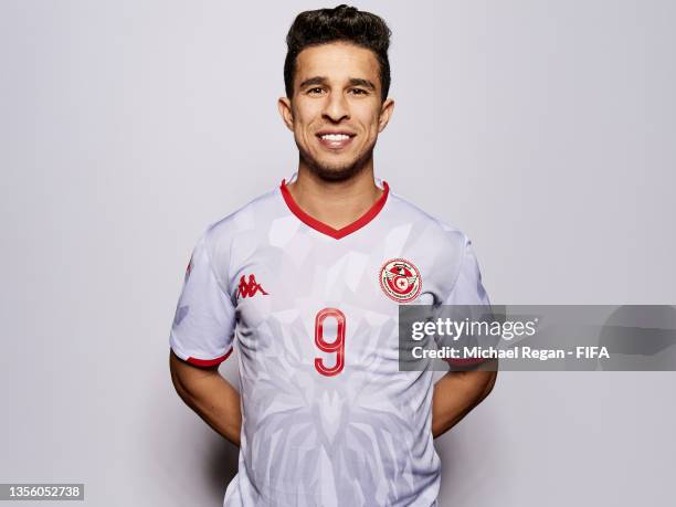 Mohamed Ben Larbi of Tunisia poses during the Tunisia team presentation prior to the FIFA Arab Cup Qatar 2021 at Grand Hyatt Doha Hotel on November...