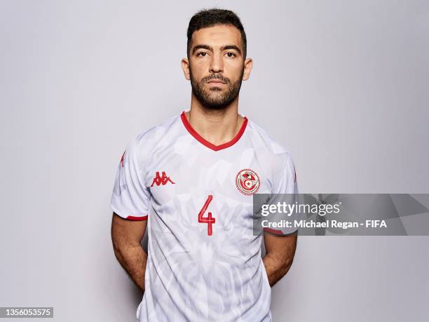 Yassine Meriah of Tunisia poses during the Tunisia team presentation prior to the FIFA Arab Cup Qatar 2021 at Grand Hyatt Doha Hotel on November 28,...