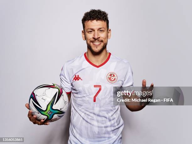 Youssef Msekni of Tunisia poses during the Tunisia team presentation prior to the FIFA Arab Cup Qatar 2021 at Grand Hyatt Doha Hotel on November 28,...
