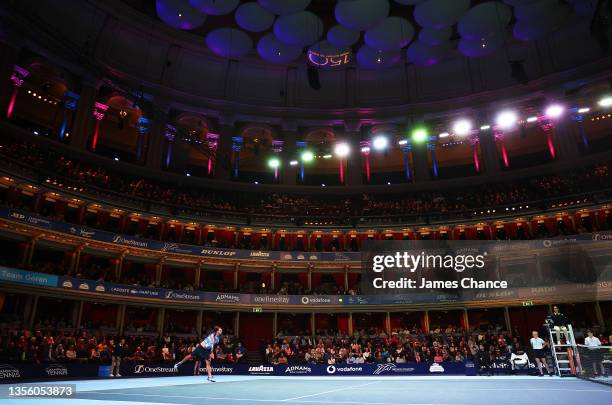 Xavier Malisse of Belgium serves during the ATP Champions Tour match between Xavier Malisse of Belgium and Marcos Bagdatis of Cyprus on Day Four of...