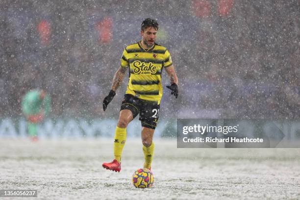 Kiko Femenía of Watford in action during the Premier League match between Leicester City and Watford at The King Power Stadium on November 28, 2021...