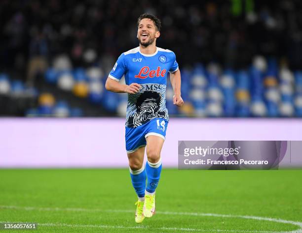 Dries Mertens of SSC Napoli celebrates after scoring their side's third goal during the Serie A match between SSC Napoli and SS Lazio at Stadio Diego...