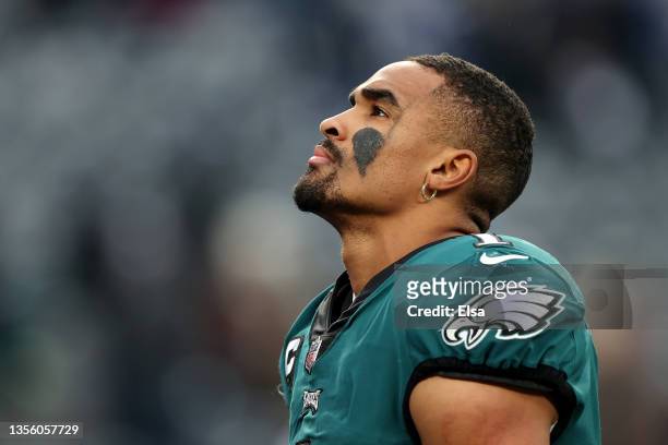 Jalen Hurts of the Philadelphia Eagles looks on as he walks off the field after his team's loss against the New York Giants at MetLife Stadium on...