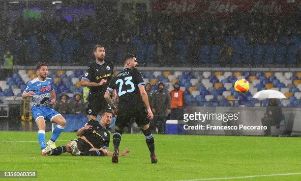 Dries Mertens of SSC Napoli scores their side's second goal during the Serie A match between SSC Napoli and SS Lazio at Stadio Diego Armando Maradona...