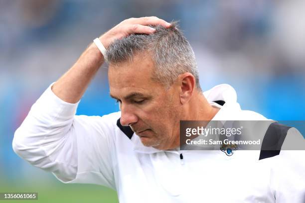 Head coach Urban Meyer of the Jacksonville Jaguars reacts during the game against the Atlanta Falcons at TIAA Bank Field on November 28, 2021 in...