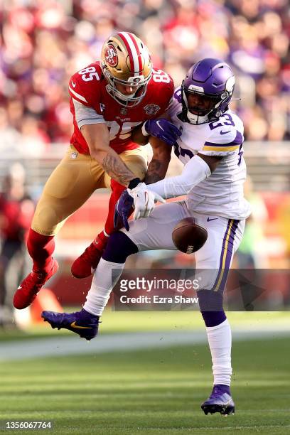 Xavier Woods of the Minnesota Vikings breaks up a pass intended for George Kittle of the San Francisco 49ers in the second quarter at Levi's Stadium...