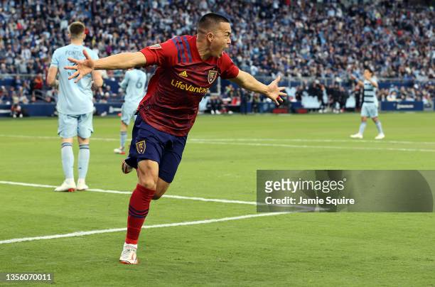 Bobby Wood of Real Salt Lake reacts after scoring in the final minute during the Major League Soccer Playoff game against Sporting Kansas City at...