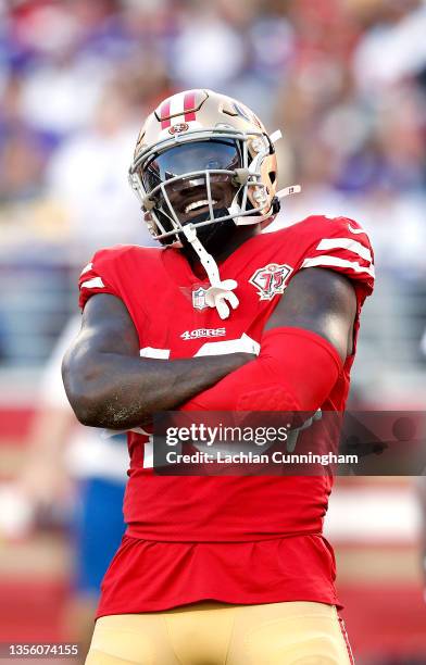 Deebo Samuel of the San Francisco 49ers celebrates after scoring a third quarter touchdown against the Minnesota Vikings at Levi's Stadium on...