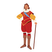 Medieval Lord, Character of 16th Century, Royal Middle Ages Personage Wear Luxury Clothes and Walking Cane, Aristocrat