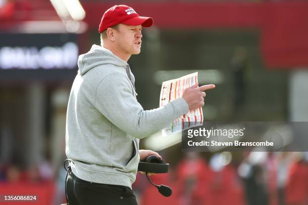 Head coach Scott Frost of the Nebraska Cornhuskers watches action against the Iowa Hawkeyes in the first half at Memorial Stadium on November 26,...
