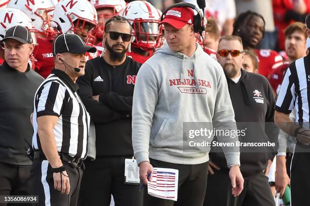 Head coach Scott Frost of the Nebraska Cornhuskers discusses a call with an official against the Iowa Hawkeyes in the second half at Memorial Stadium...