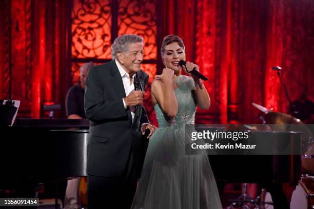In this image released on November 28, Tony Bennett and Lady Gaga perform on stage during MTV Unplugged: Tony Bennett & Lady Gaga at the Angel...