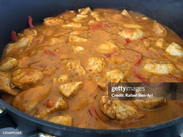 butter chicken dish cooked in a frying pan - ben curry stock pictures, royalty-free photos & images