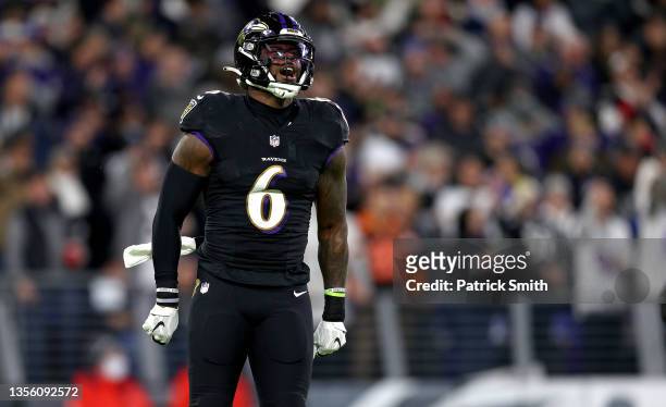 Patrick Queen of the Baltimore Ravens celebrates a tackle during a game against the Cleveland Browns at M&T Bank Stadium on November 28, 2021 in...