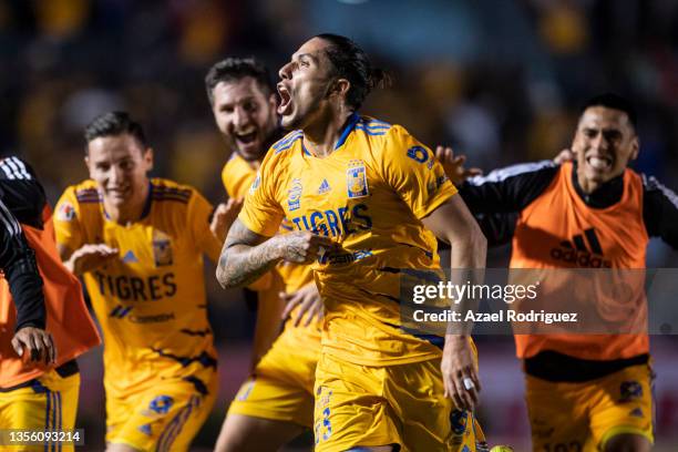 Carlos Salcedo of Tigres celebrates with teammates after scoring his team’s first goal during the quarterfinals second leg match between Tigres UANL...