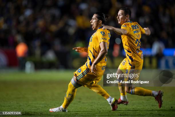 Carlos Salcedo of Tigres celebrates with teammate after scoring his team’s first goal during the quarterfinals second leg match between Tigres UANL...