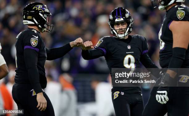Justin Tucker and Sam Koch of the Baltimore Ravens reacts to a field goal during a game against the Cleveland Browns at M&T Bank Stadium on November...