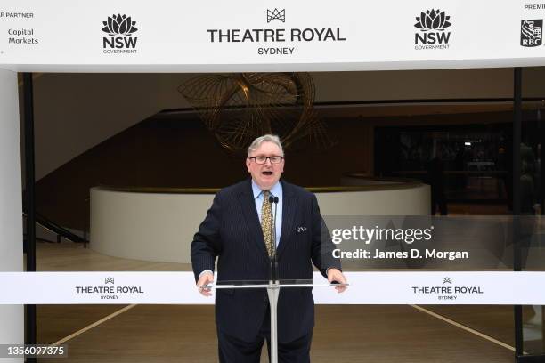 Don Harwin, NSW Minister for the Arts talks to media and guests outside before the ribbon cutting ceremony at Theatre Royal Sydney on November 29,...