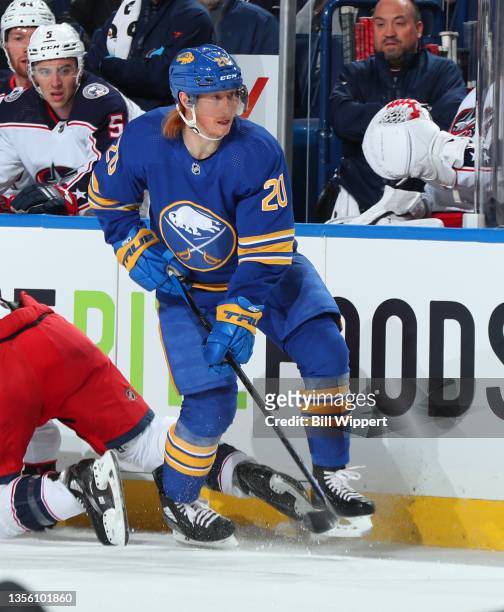 Cody Eakin of the Buffalo Sabres skates against the Columbus Blue Jackets during an NHL game on November 22, 2021 at KeyBank Center in Buffalo, New...