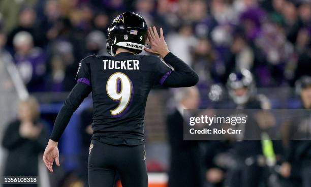 Justin Tucker of the Baltimore Ravens reacts to a field goal in the fourth quarter during a game against the Cleveland Browns at M&T Bank Stadium on...