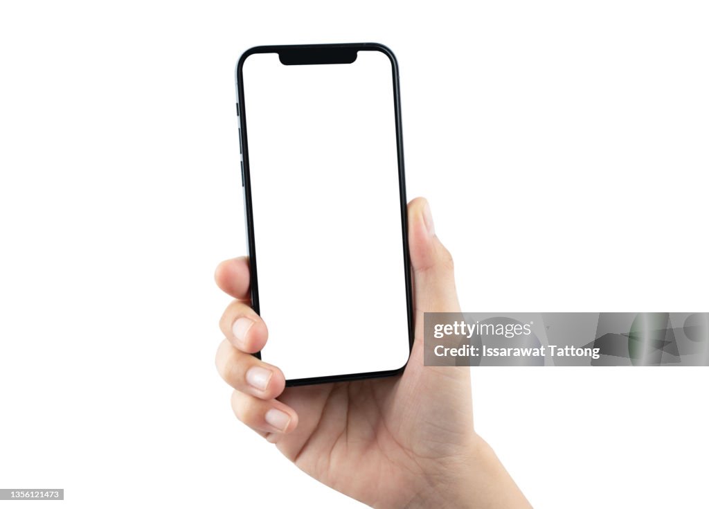 Close up hand hold phone isolated on white background