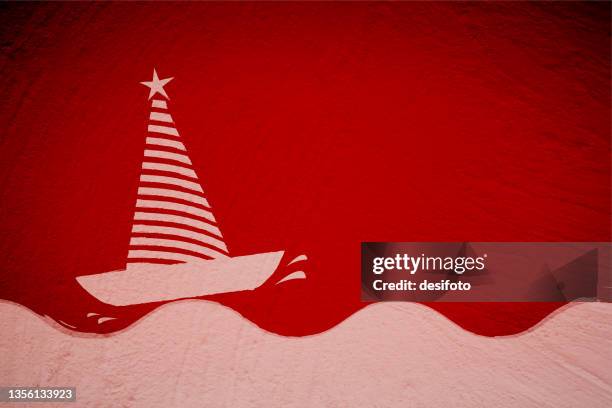 bright glowing christmas vector red backgrounds with textured effect and rough scratches all over having a graffiti of white striped tree illuminated with a star at the top being carried by a boat as its flag - wine splash stock illustrations