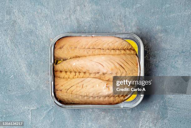 tinned fish mackerel - makreel stockfoto's en -beelden