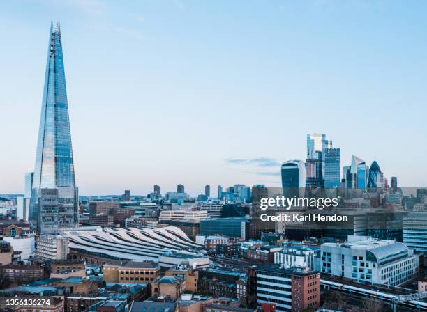 an elevated view of the london skyline at sunrise - stock photo - 20 fenchurch street stock pictures, royalty-free photos & images