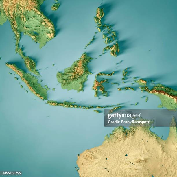 indonesia 3d render topographic map color - irian jaya stock pictures, royalty-free photos & images