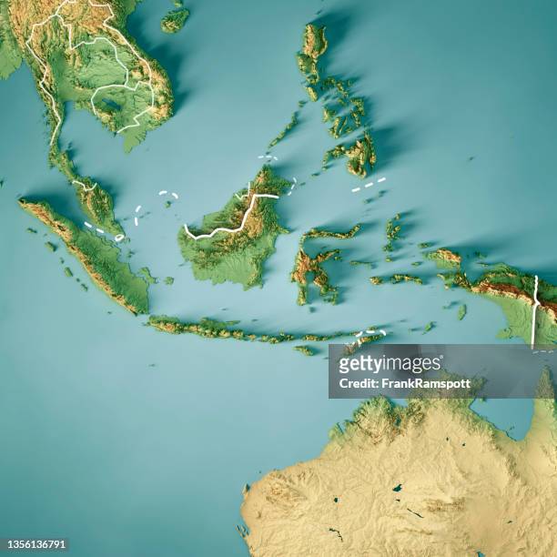 indonesia 3d render topographic map color border - indonesia stock pictures, royalty-free photos & images