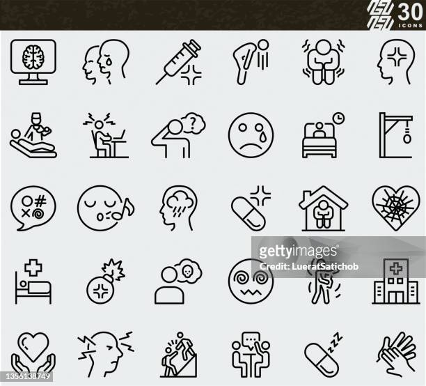 mental disorders, included the icons as symptoms, depressed, illness, sick, sad, stress , healthy ,tangled tangle untangled , hopeless maze and dementia on head instead brain line icons - disability icon stock illustrations