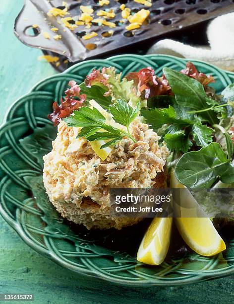 smoked fish pate on brown bread, salad & lemon - pate stock-fotos und bilder