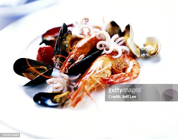 fruit de mer on white plate - mexilhão imagens e fotografias de stock