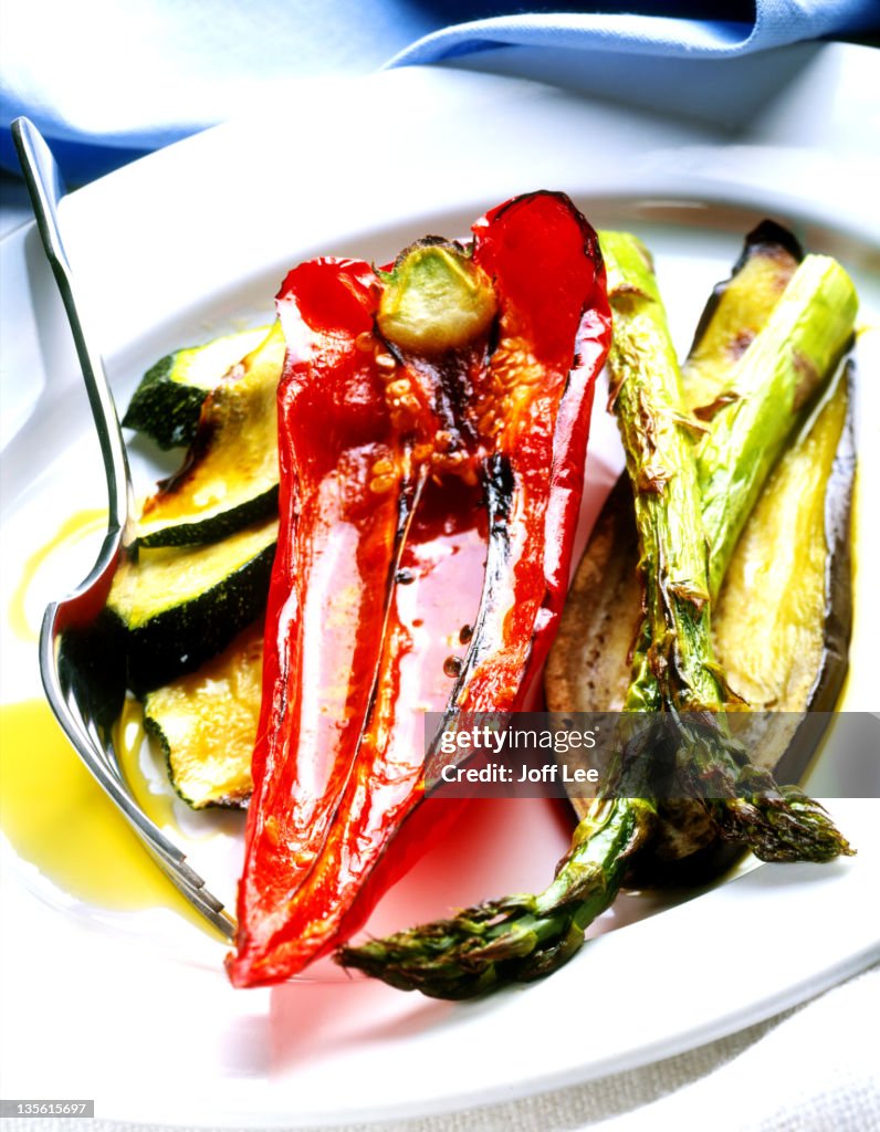 Roasted vegetables drizzled with olive oil